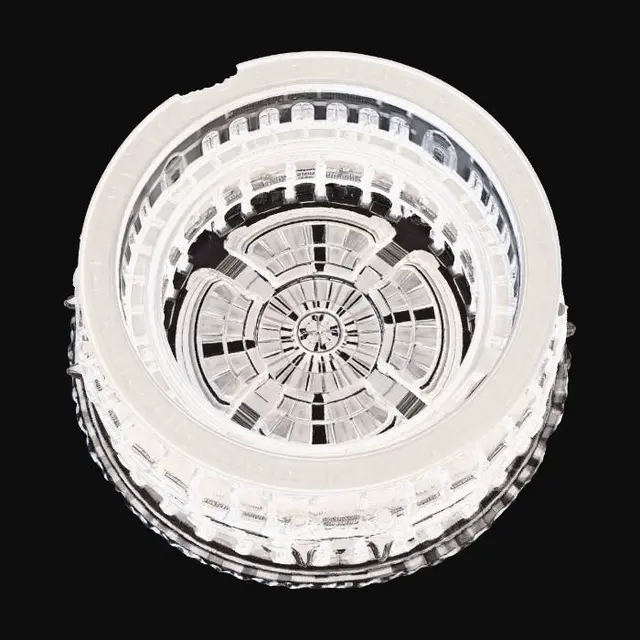 3D model for 3D environment model of a grand, detailed circular library grand hall. Multi-tiered structure (3-4 floors) with white stone walls, polished marble floors with inlaid geometric patterns, numerous arched windows, and a massive central glass dome ceiling. The dome has an open sky view and features a large central skylight. The floor has an intricate compass rose design. Stairs, balconies with detailed railings, and arches are intricately arranged throughout the space.
