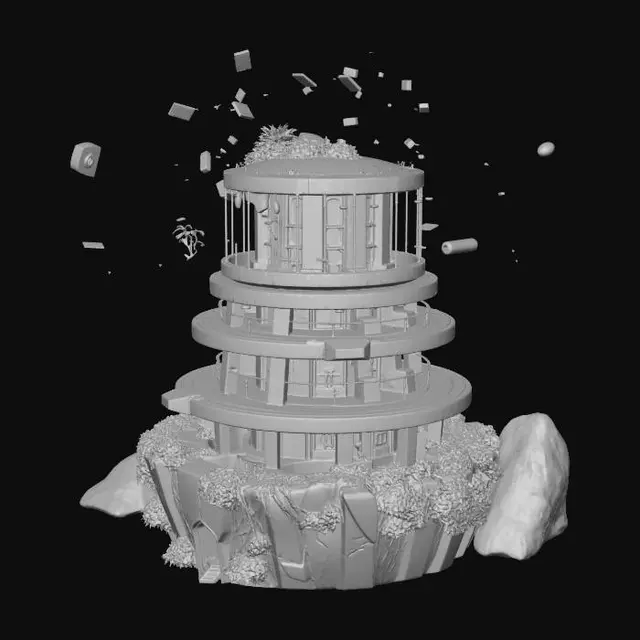 3D model for futuristic memory tower, semi-ruined, layered circular structure, floating fragments, glowing data streams fading into particles, white stone and glass, cracks emitting soft blue light, overgrown vines partially covering, anime style, high detail, cinematic lighting