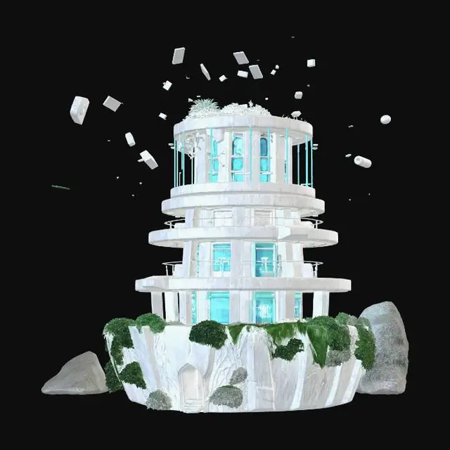 3D model for futuristic memory tower, semi-ruined, layered circular structure, floating fragments, glowing data streams fading into particles, white stone and glass, cracks emitting soft blue light, overgrown vines partially covering, anime style, high detail, cinematic lighting