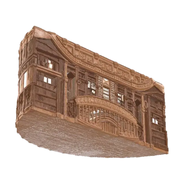 circular balcony corridor, wooden railing, second floor library structure,… - Secondfloor 3D model, vytvořený pomocí AI