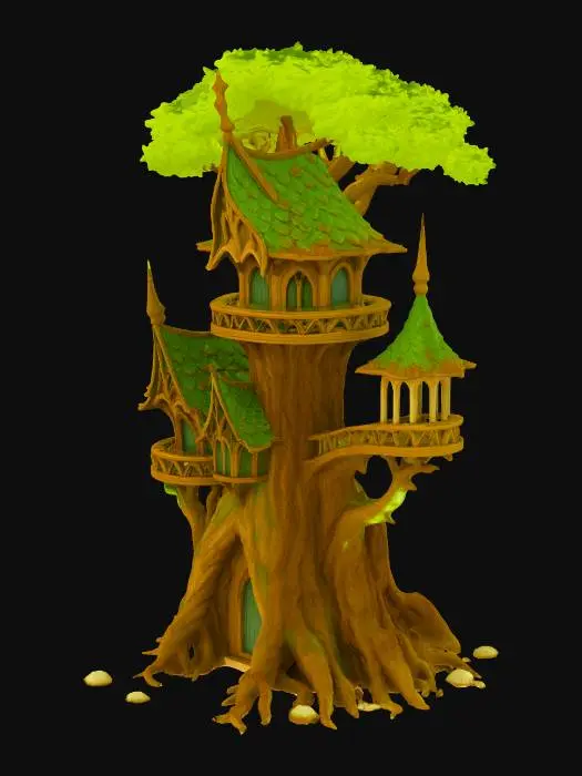 3D model for Elf treehouse. DO NOT MAKE ANY FLOOR, JUST START FROM THE TREE BASE.