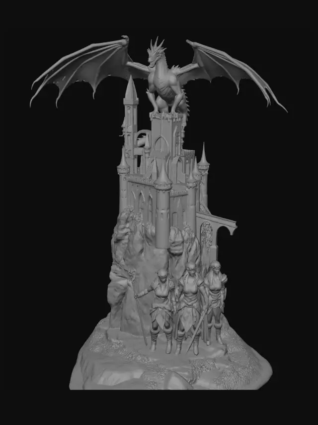 3D model for Fantastik dünya doğa görseli,  fitüristik şato nehirler ejderhalar ve çekici kızlar kaotik ve erotik romantiğim karışımı