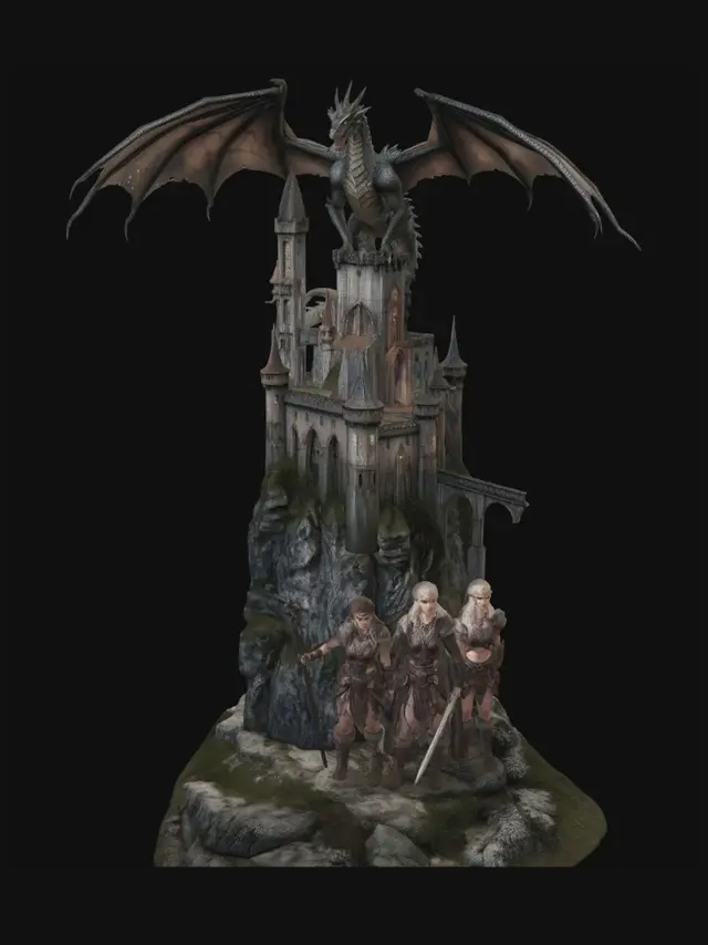 3D model for Fantastik dünya doğa görseli,  fitüristik şato nehirler ejderhalar ve çekici kızlar kaotik ve erotik romantiğim karışımı