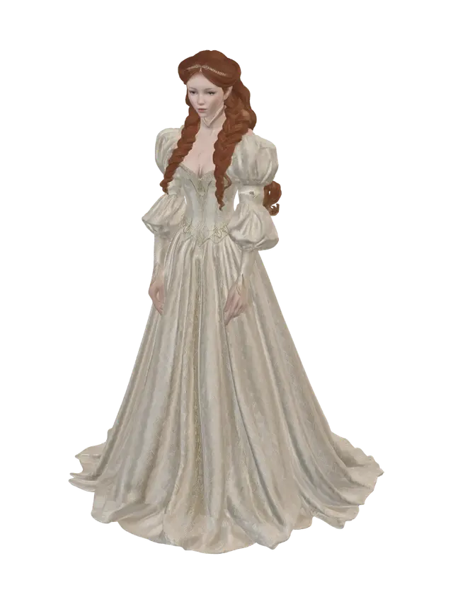 3D model for a princess sort of medieval style, she should wear draggy just slightly puffy dress all the way to the ground so that it covers her shoes even. her arms should be coveered all the way to as the dress end in a triangle shape on the middle fingers. her bust should be covered by the dress as well all the way to her neck. she should be a red head with hairstyle apropriat for the time.