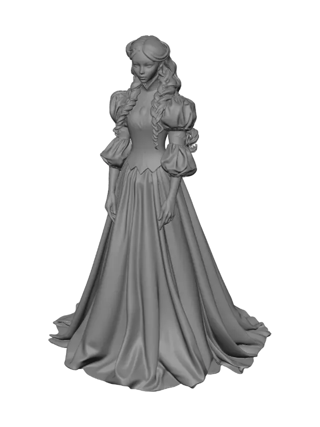 3D model for a princess sort of medieval style, she should wear draggy just slightly puffy dress all the way to the ground so that it covers her shoes even. her arms should be coveered all the way to as the dress end in a triangle shape on the middle fingers. her bust should be covered by the dress as well all the way to her neck. she should be a red head with hairstyle apropriat for the time.
