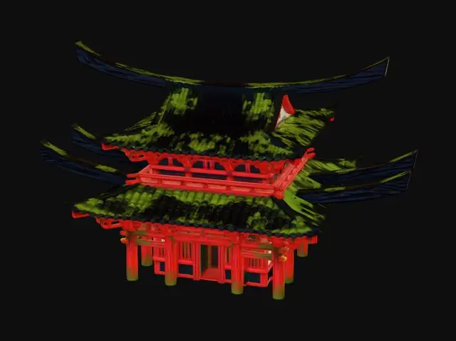 3D model for 风格化多层红黑色日本寺庙，长长屋顶顶梁