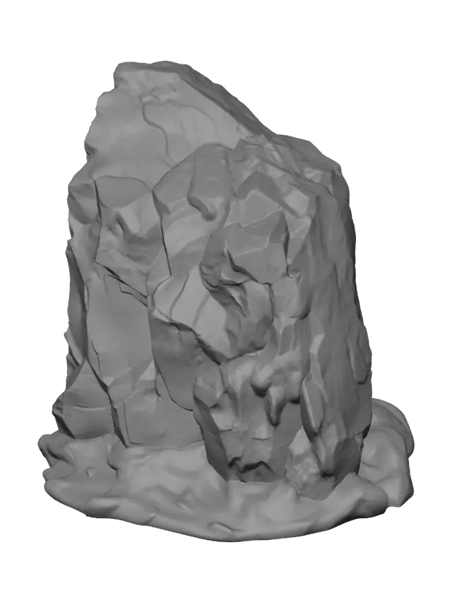 3D model for A detailed photographic close-up of a monolithic basalt rock pinnacle, as seen in image_10.png, standing in isolation. The model features sheer, dark, wet vertical cliffs on its left face, contrasting with the more textured, irregular right face and its angled peak. It is positioned centrally, arising from a minimal base of dark wet earth and sparse arctic moss. Dynamic cinematic sunset backlighting from a low angle on the right illuminates the cliff edges and casts long, deep shadows, creating a profound sense of scale and atmosphere.