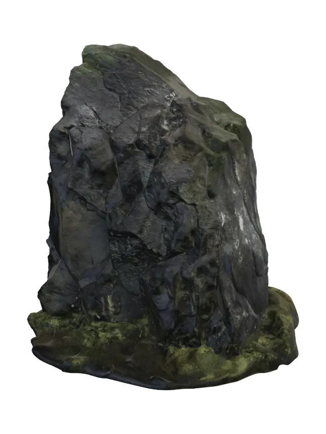 3D model for A detailed photographic close-up of a monolithic basalt rock pinnacle, as seen in image_10.png, standing in isolation. The model features sheer, dark, wet vertical cliffs on its left face, contrasting with the more textured, irregular right face and its angled peak. It is positioned centrally, arising from a minimal base of dark wet earth and sparse arctic moss. Dynamic cinematic sunset backlighting from a low angle on the right illuminates the cliff edges and casts long, deep shadows, creating a profound sense of scale and atmosphere.