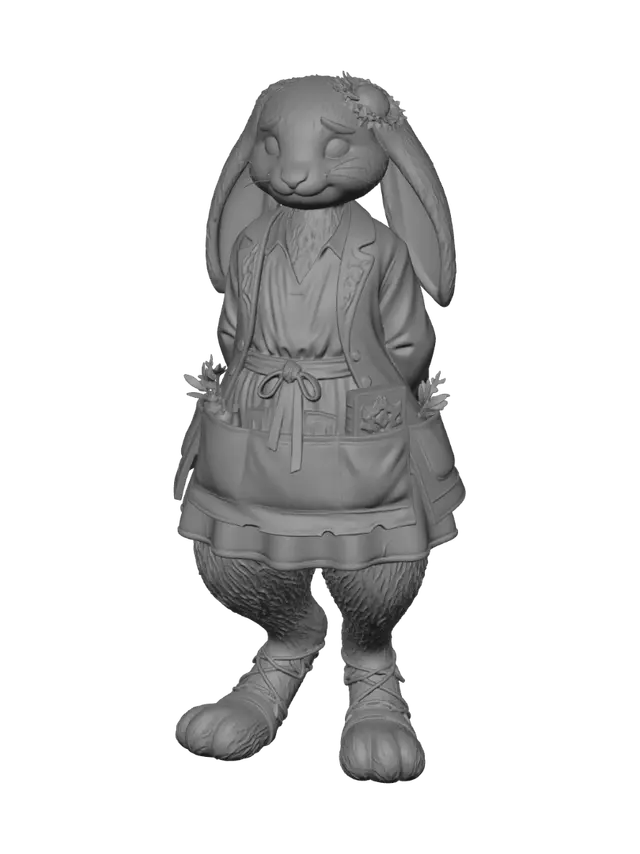3D model for A gentle anthropomorphic rabbit character, fantasy flower farmer, full body portrait on a clean white background. She has soft creamy white fur, long floppy ears with pale pink inner lining, one ear adorned with a small daisy chain, and warm rosy eyes with a sweet bashful smile. Her lower body has digitigrade beast legs covered in dense fluffy white fur, ending in large padded rabbit feet wrapped with delicate woven vine-and-leather ankle straps — same style as the reference character's furry hooved legs. She wears a layered flower farmer's outfit: a soft pastel yellow linen blouse under an open sage-green gardening jacket with small embroidered floral patterns on the lapels, a worn apron tied at the front with deep pockets stuffed with pruning shears, seed packets, and pressed flower book