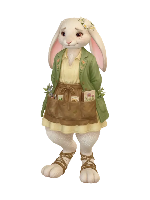 3D model for A gentle anthropomorphic rabbit character, fantasy flower farmer, full body portrait on a clean white background. She has soft creamy white fur, long floppy ears with pale pink inner lining, one ear adorned with a small daisy chain, and warm rosy eyes with a sweet bashful smile. Her lower body has digitigrade beast legs covered in dense fluffy white fur, ending in large padded rabbit feet wrapped with delicate woven vine-and-leather ankle straps — same style as the reference character's furry hooved legs. She wears a layered flower farmer's outfit: a soft pastel yellow linen blouse under an open sage-green gardening jacket with small embroidered floral patterns on the lapels, a worn apron tied at the front with deep pockets stuffed with pruning shears, seed packets, and pressed flower book
