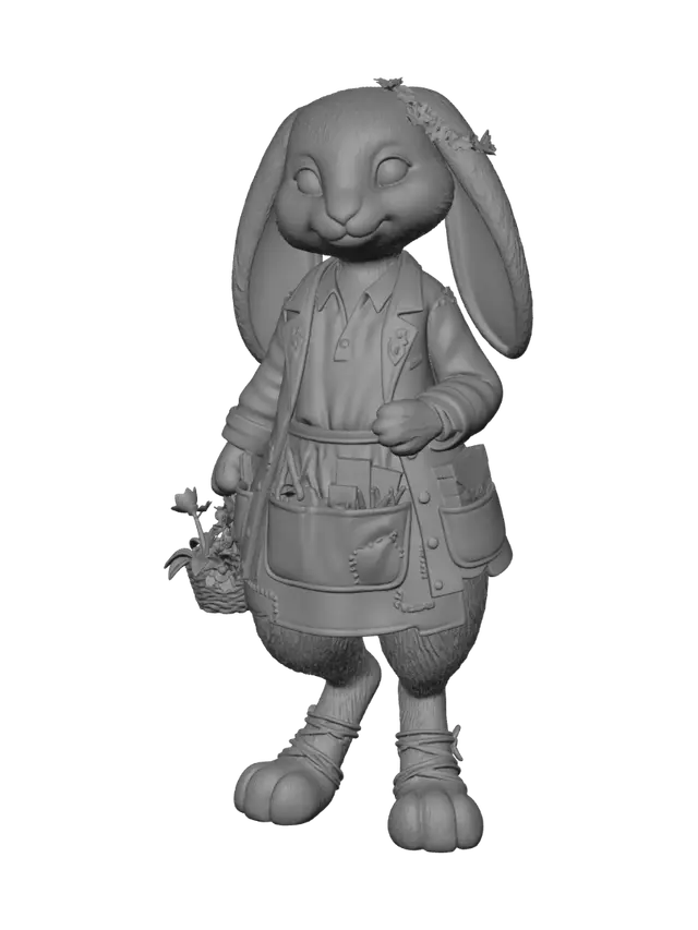 3D model for A gentle anthropomorphic rabbit character, fantasy flower farmer, full body portrait on a clean white background. She has soft creamy white fur, long floppy ears with pale pink inner lining, one ear adorned with a small daisy chain, and warm rosy eyes with a sweet bashful smile. Her lower body has digitigrade beast legs covered in dense fluffy white fur, ending in large padded rabbit feet wrapped with delicate woven vine-and-leather ankle straps — same style as the reference character's furry hooved legs. She wears a layered flower farmer's outfit: a soft pastel yellow linen blouse under an open sage-green gardening jacket with small embroidered floral patterns on the lapels, a worn apron tied at the front with deep pockets stuffed with pruning shears, seed packets, and pressed flower book