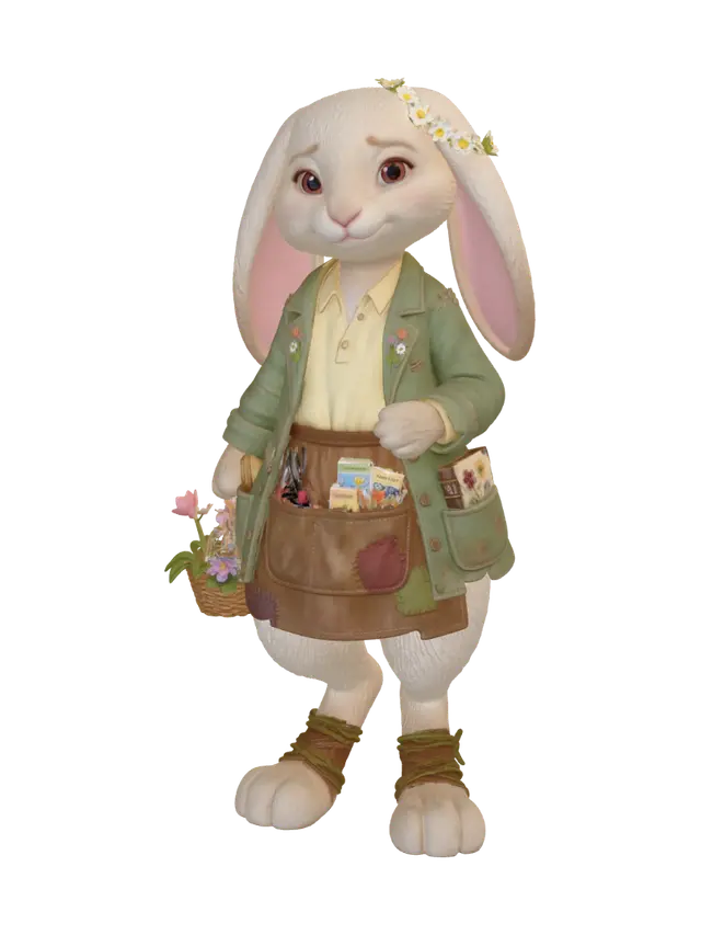 3D model for A gentle anthropomorphic rabbit character, fantasy flower farmer, full body portrait on a clean white background. She has soft creamy white fur, long floppy ears with pale pink inner lining, one ear adorned with a small daisy chain, and warm rosy eyes with a sweet bashful smile. Her lower body has digitigrade beast legs covered in dense fluffy white fur, ending in large padded rabbit feet wrapped with delicate woven vine-and-leather ankle straps — same style as the reference character's furry hooved legs. She wears a layered flower farmer's outfit: a soft pastel yellow linen blouse under an open sage-green gardening jacket with small embroidered floral patterns on the lapels, a worn apron tied at the front with deep pockets stuffed with pruning shears, seed packets, and pressed flower book