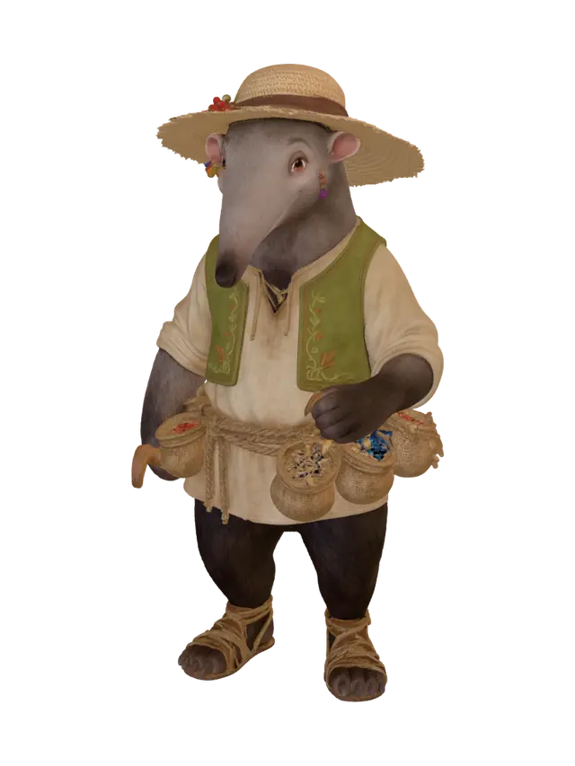 3D model for A cheerful anthropomorphic anteater character, fantasy fruit farmer, full body portrait on a clean white background. She has smooth grey-brown fur, a long distinctive snout, small rounded ears with tiny flower petal earrings, and warm kind eyes with a gentle smile. Her lower body has digitigrade beast legs covered in coarse dark fur, ending in sturdy clawed paws wrapped with simple rope-and-leather sandal straps — same style as the reference character's furry hooved legs. She wears a layered farmer's outfit: a loose sun-faded linen shirt under a cropped earthy green vest with embroidered leaf patterns, a wide brimmed straw hat tilted on her head with a small bunch of berries tucked into the band. A thick rope belt around her waist holds multiple woven pouches bursting with seeds, dried her