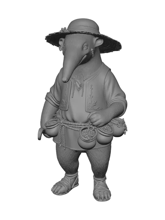 3D model for A cheerful anthropomorphic anteater character, fantasy fruit farmer, full body portrait on a clean white background. She has smooth grey-brown fur, a long distinctive snout, small rounded ears with tiny flower petal earrings, and warm kind eyes with a gentle smile. Her lower body has digitigrade beast legs covered in coarse dark fur, ending in sturdy clawed paws wrapped with simple rope-and-leather sandal straps — same style as the reference character's furry hooved legs. She wears a layered farmer's outfit: a loose sun-faded linen shirt under a cropped earthy green vest with embroidered leaf patterns, a wide brimmed straw hat tilted on her head with a small bunch of berries tucked into the band. A thick rope belt around her waist holds multiple woven pouches bursting with seeds, dried her