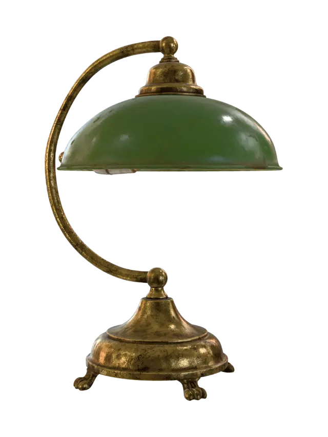 3D model for Antique brass metal with green enamel dome shade, physically-based rendering, worn patina, photorealistic UE5 style