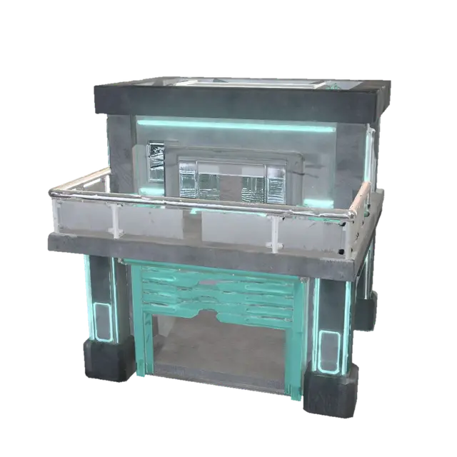 Modello 3D Stylized futuristic repair station, 2 floors. Ground floor: wide open entrance with… - Cathead, generato dall’IA