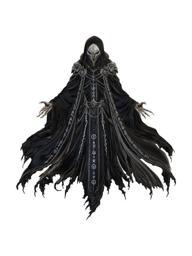 3D model for dark fantasy necromancer hovering slightly in an ominous, dark velvet cloak with silver runes. His face is concealed behind a hollow bone mask. Requirement: Grimdark character model, emphasize the light-absorbing velvet and smooth bone contrast.