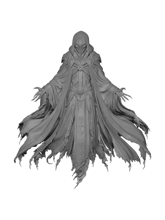 3D model for dark fantasy necromancer hovering slightly in an ominous, dark velvet cloak with silver runes. His face is concealed behind a hollow bone mask. Requirement: Grimdark character model, emphasize the light-absorbing velvet and smooth bone contrast.