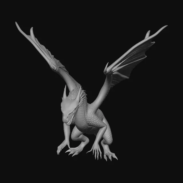 3D model for A majestic European dragon, scaled body, large leathery wings, curved horns, sharp claws, reptilian texture, dynamic flying pose, fantasy 3D creature, dramatic lighting