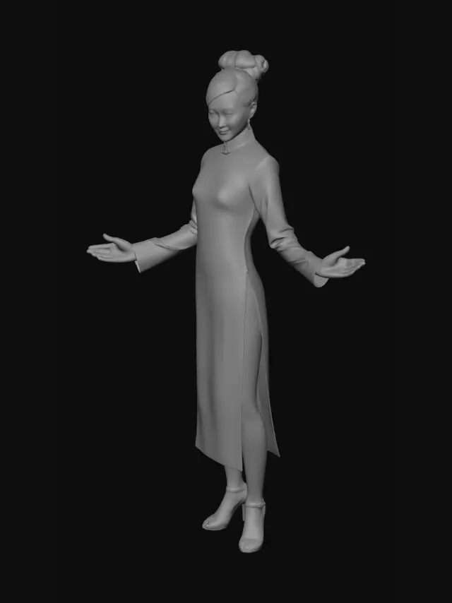 3D model for 一个粉色头发的丰满、翘臀、美丽、成熟的少妇，中国人面孔，穿着紧身开叉旗袍，弯着腰向前魅笑，手里拿着一朵玫瑰花