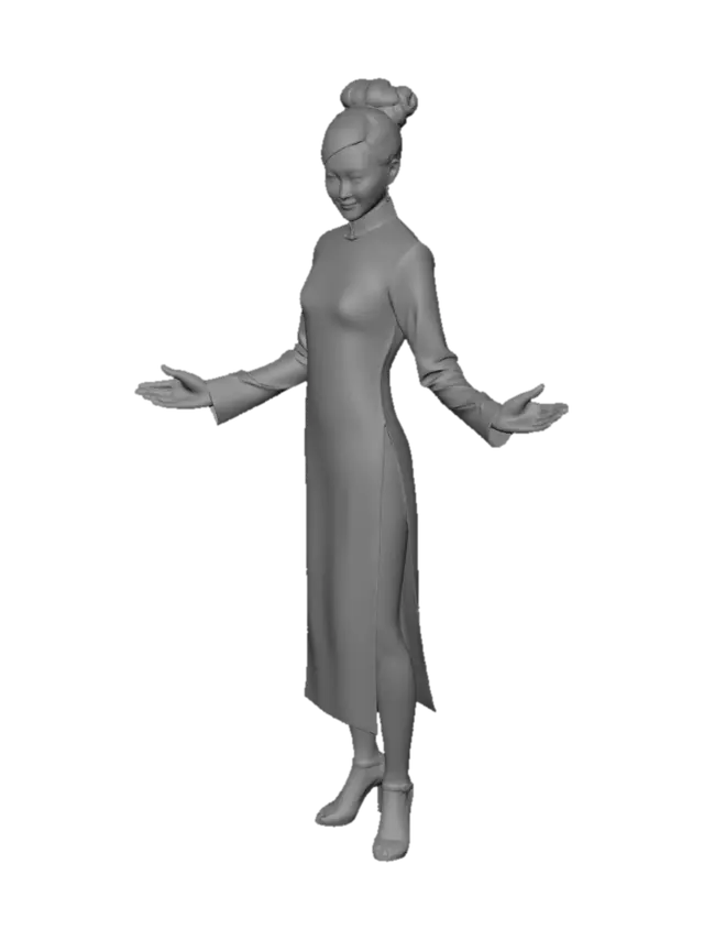 3D model for 一个粉色头发的丰满、翘臀、美丽、成熟的少妇,中国人面孔,穿着紧身开叉旗袍,弯着腰向前魅笑,手里拿着一朵玫瑰花