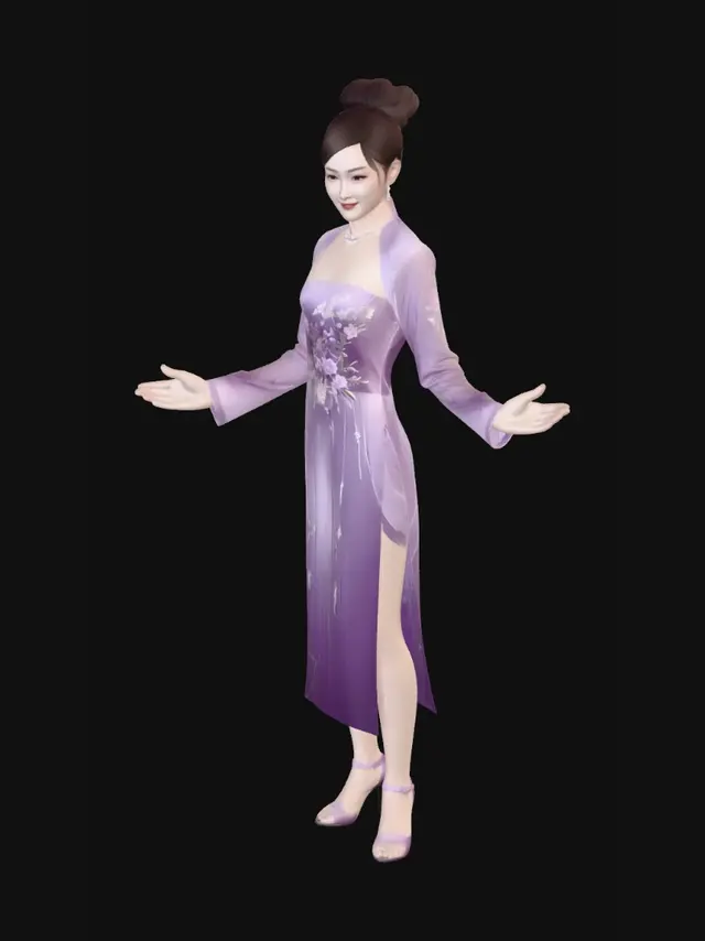 3D model for 一个粉色头发的丰满、翘臀、美丽、成熟的少妇，中国人面孔，穿着紧身开叉旗袍，弯着腰向前魅笑，手里拿着一朵玫瑰花