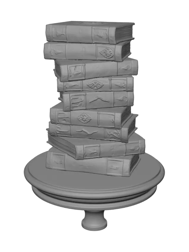 3D model for A stack of 8 books with symbols of magic and wizards on the end covers and the stack is haphazard in direction and the stack is on a small round table top slightly larger in diameter than the stack of books.