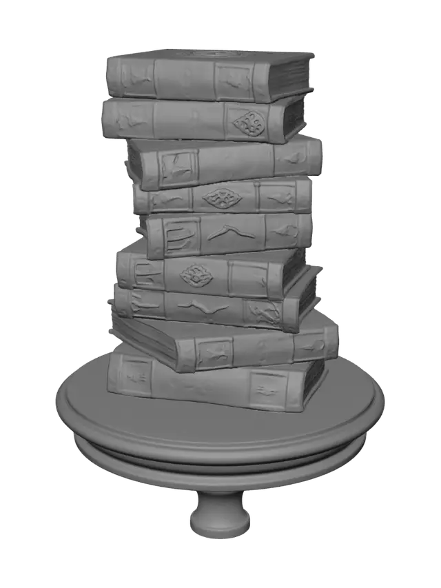 3D model for A stack of 8 books with symbols of magic and wizards on the end covers and the stack is haphazard in direction and the stack is on a small round table top slightly larger in diameter than the stack of books.