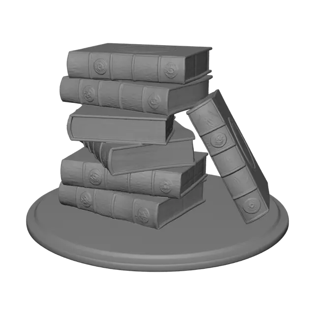 3D model for A stack of 8 books with symbols of magic and wizards on the end covers and the stack is haphazard in direction and the stack is on a small round table top slightly larger in diameter than the stack of books.