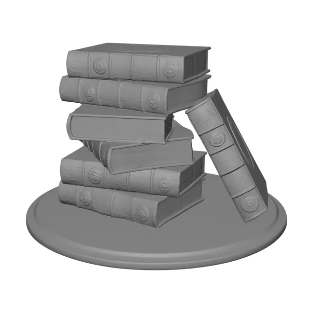 3D model for A stack of 8 books with symbols of magic and wizards on the end covers and the stack is haphazard in direction and the stack is on a small round table top slightly larger in diameter than the stack of books.