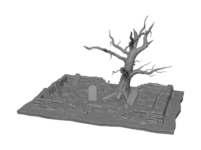 3D model for A rectangle cemetery plot with headstones and an old dilapidated tree