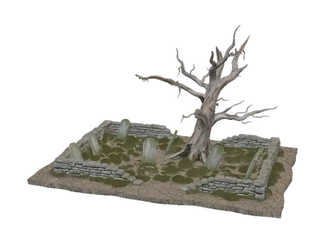 3D model for A rectangle cemetery plot with headstones and an old dilapidated tree