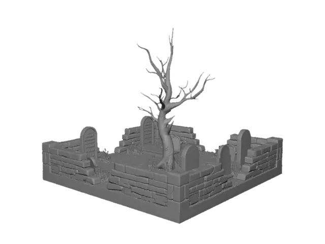 3D model for A square cemetery plot with headstones and an old dilapidated tree