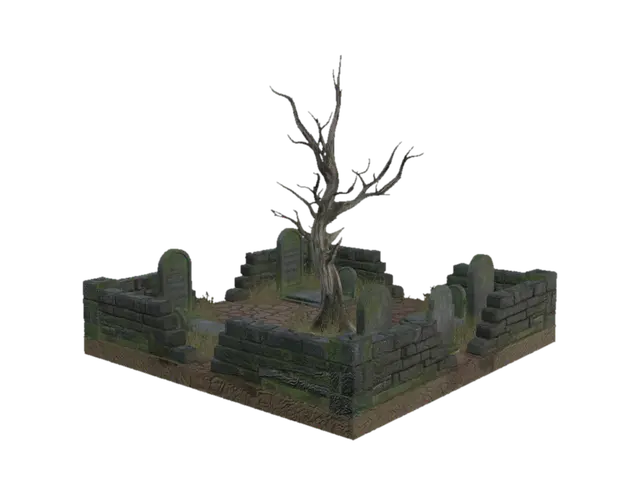 3D model for A square cemetery plot with headstones and an old dilapidated tree
