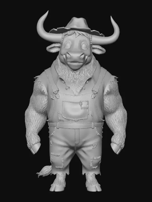 3D model for farm animal character of a bull that is standing on two back legs. has horns coming out of both sides of his head. wearing ragged people cloths