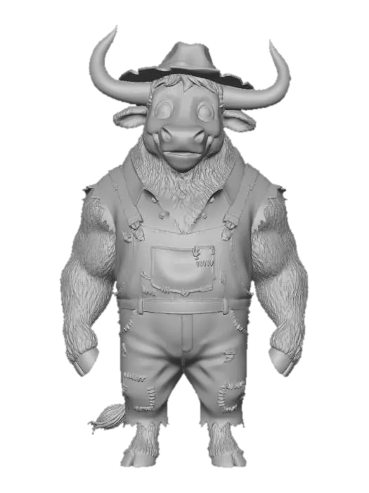 3D model for farm animal character of a bull that is standing on two back legs. has horns coming out of both sides of his head. wearing ragged people cloths