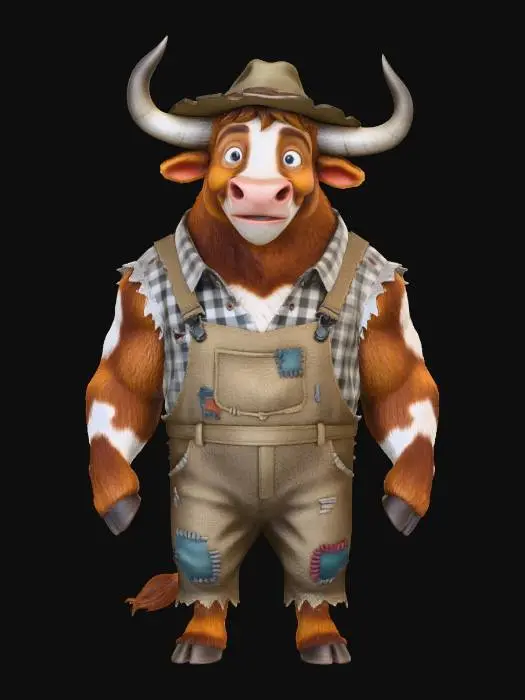 3D model for farm animal character of a bull that is standing on two back legs. has horns coming out of both sides of his head. wearing ragged people cloths