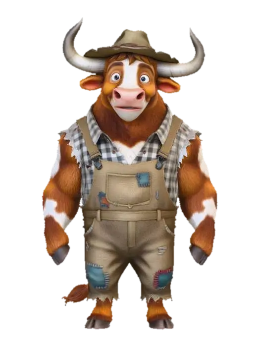 3D model for farm animal character of a bull that is standing on two back legs. has horns coming out of both sides of his head. wearing ragged people cloths