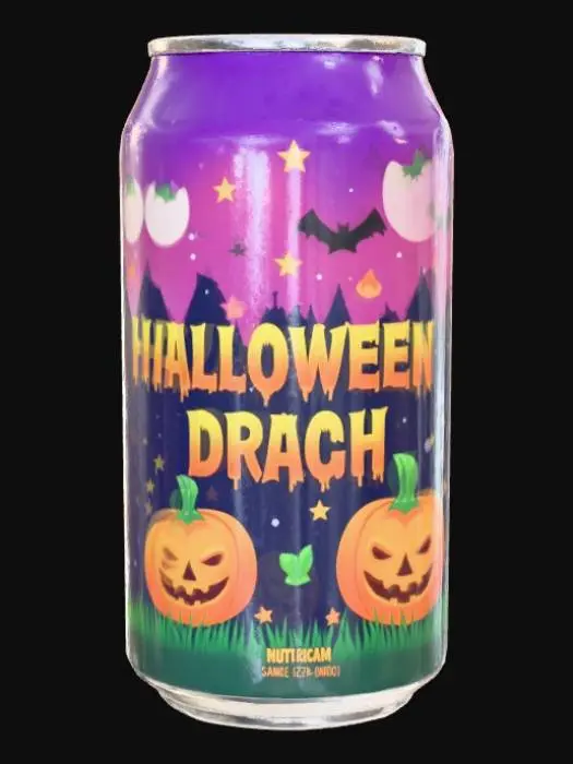 3D model for #Halloween2025#, A glossy 12oz aluminum soda can, cylindrical with a domed top and concave bottom. Its surface is cool and smooth. The vibrant, stylized label showcases deep purples, fiery oranges, and ghoulish greens, depicting eerie bats and grinning pumpkins. Bold, custom lettering identifies the soda, while clearly legible nutrition information is seamlessly integrated into the Halloween-themed design.