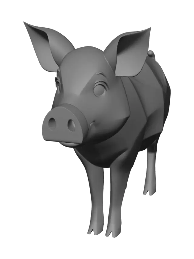 3D model for Stylized low poly farm pig, 3D game asset, flat colors, simple geometric shapes, cartoony, blocky, clean topology, symmetrical A-pose, no fur, smooth flat shading, cute farm aesthetic, plain background.