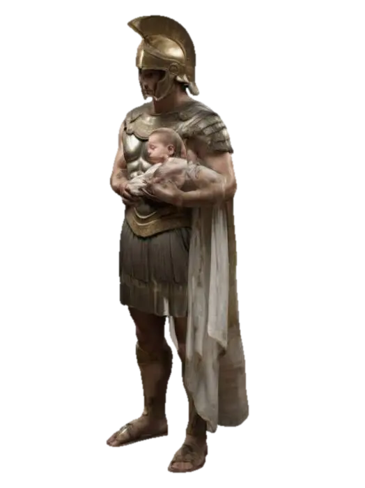 Achilles stands with both hands hold a baby new born on the . He is depicted… - Gentileschi 3D model, vytvořený pomocí AI