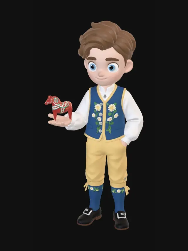 3D model for Boy with Floral Vest and Red Dala Horse