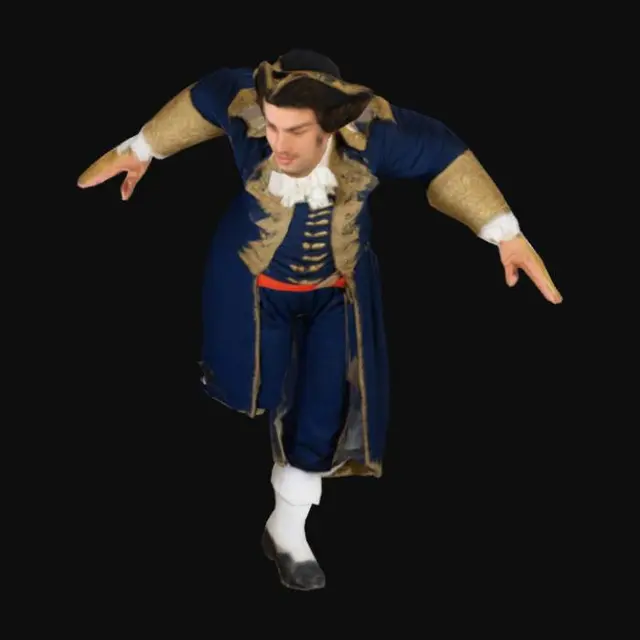 3D model for A front-view full-body depiction of a 17th-century Spanish Navy sailor in a T-pose. He wears an official Spanish naval uniform from the 17th century, consisting of a navy blue coat with gold trim, a white shirt with billowy sleeves, and sturdy woolen breeches. A sash is tied around his waist, and he wears simple leather boots. His face has a neutral expression. No weapons are present.