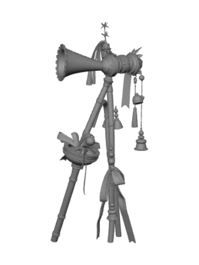 3D model for oversized ceremonial hype staff covered in miniature horns, bells, ribbons, pennants, trophy ornaments, stars and lucky charms, dense asymmetrical silhouette, retro futuristic carnival aesthetic, sculpted static prop, colorful enamel, chrome and translucent plastic materials, isolated 3D object, no text, no logos