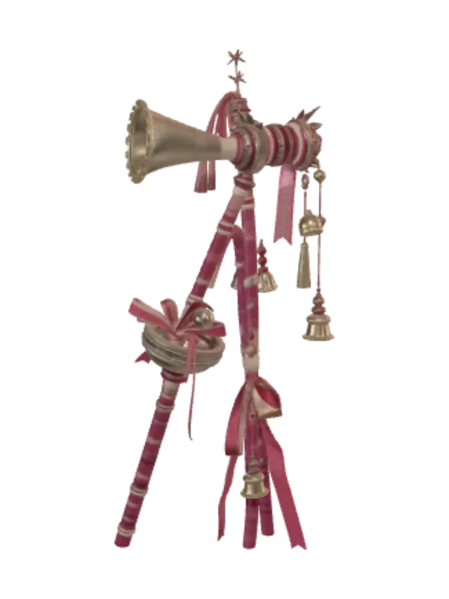 3D model for oversized ceremonial hype staff covered in miniature horns, bells, ribbons, pennants, trophy ornaments, stars and lucky charms, dense asymmetrical silhouette, retro futuristic carnival aesthetic, sculpted static prop, colorful enamel, chrome and translucent plastic materials, isolated 3D object, no text, no logos