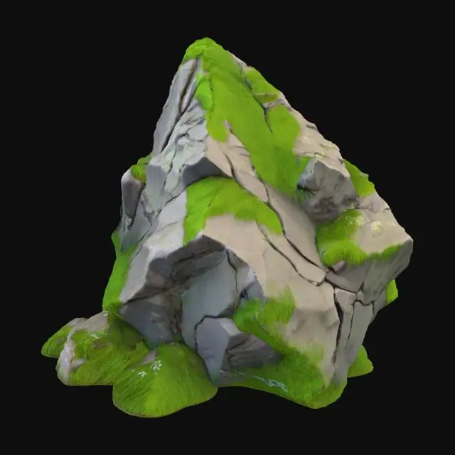 3D model for Huge sharp stylish rock, slightly moss, low medium poly style, masters of the universe, highly detailed, best quality, game ready, myazaki ghibli