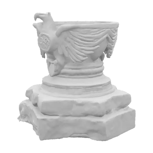 3D model for An ancient ceremonial pedestal crafted from weathered stone, adorned with a majestic eagle motif sculpted in polished bronze. The eagle spreads its wings around the column, featuring intricately carved feathers and ancient symbols etched along its body. The base is square and rugged, while the bowl on top is circular, with bronze edging and carvings of runes. Subtle moss accents and signs of age suggest its connection to mystical rituals and lost civilizations.