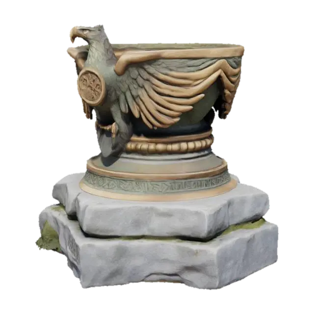 3D model for An ancient ceremonial pedestal crafted from weathered stone, adorned with a majestic eagle motif sculpted in polished bronze. The eagle spreads its wings around the column, featuring intricately carved feathers and ancient symbols etched along its body. The base is square and rugged, while the bowl on top is circular, with bronze edging and carvings of runes. Subtle moss accents and signs of age suggest its connection to mystical rituals and lost civilizations.