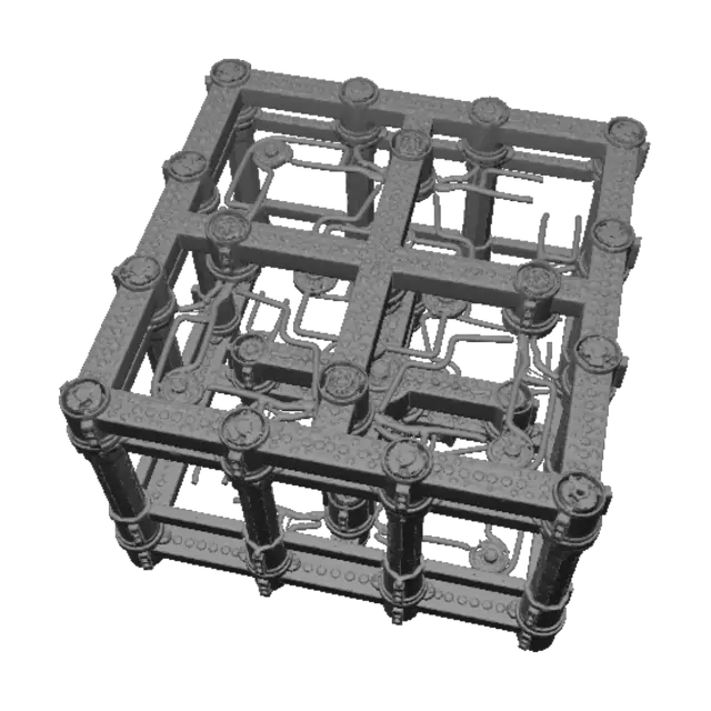 3D model for Create a precise engineering-grade 3D CAD model based on the uploaded reference image. Design a modular reinforcement frame for embedding inside a concrete paving block measuring approximately 200 × 100 × 60 mm. Use square hollow steel rods arranged in a symmetrical 3D grid with equal spacing. All center sections must repeat identically. Connect every rod intersection using a six-direction coral-inspired connector featuring ribbed gripping surfaces to maximize concrete bonding and load transfer. Keep the design clean, rigid, manufacturable, dimensionally accurate, watertight, and suitable for CAD, 3D printing, structural analysis, and industrial production. Avoid artistic elements, rounded pipes, text, or unnecessary components.
