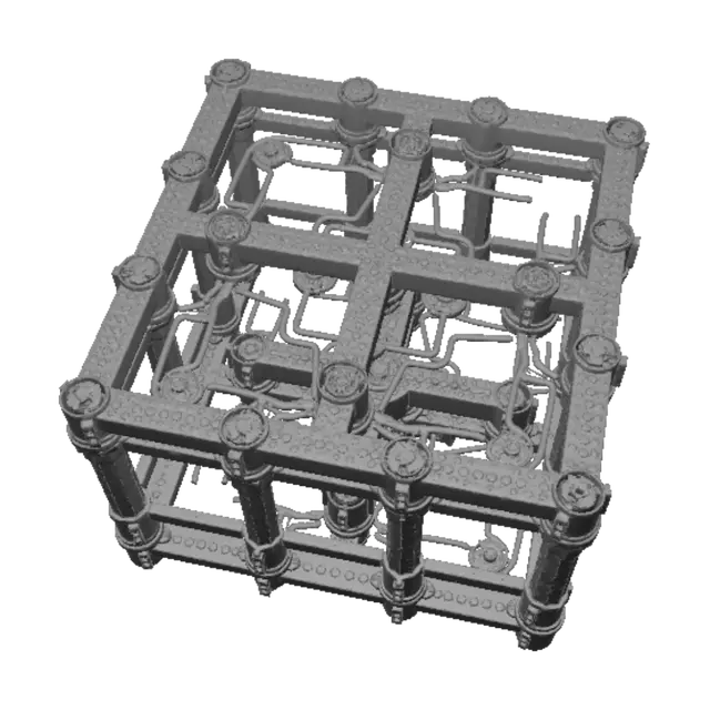 3D model for Create a precise engineering-grade 3D CAD model based on the uploaded reference image. Design a modular reinforcement frame for embedding inside a concrete paving block measuring approximately 200 × 100 × 60 mm. Use square hollow steel rods arranged in a symmetrical 3D grid with equal spacing. All center sections must repeat identically. Connect every rod intersection using a six-direction coral-inspired connector featuring ribbed gripping surfaces to maximize concrete bonding and load transfer. Keep the design clean, rigid, manufacturable, dimensionally accurate, watertight, and suitable for CAD, 3D printing, structural analysis, and industrial production. Avoid artistic elements, rounded pipes, text, or unnecessary components.